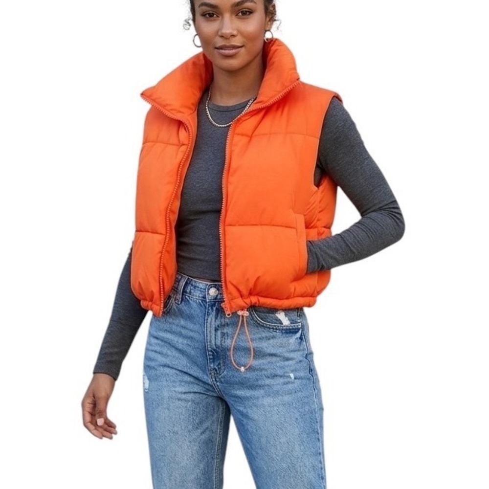 Neon Orange Cropped Puffer Vest Funnel Neck Zip Up Drawstring Hem Sleeveless L